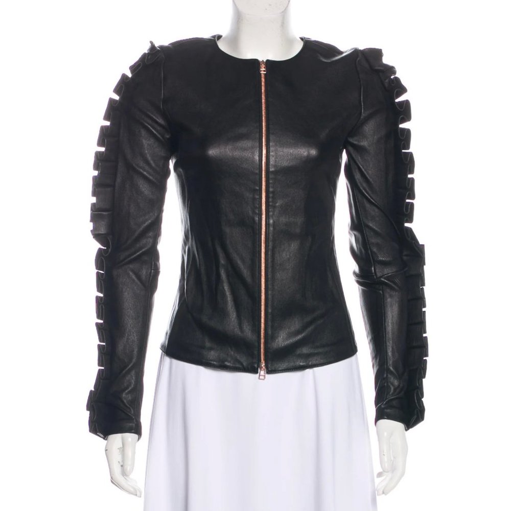 Thomas Wylde Black Leather Jacket with Statement Sleeves, SZ XXS